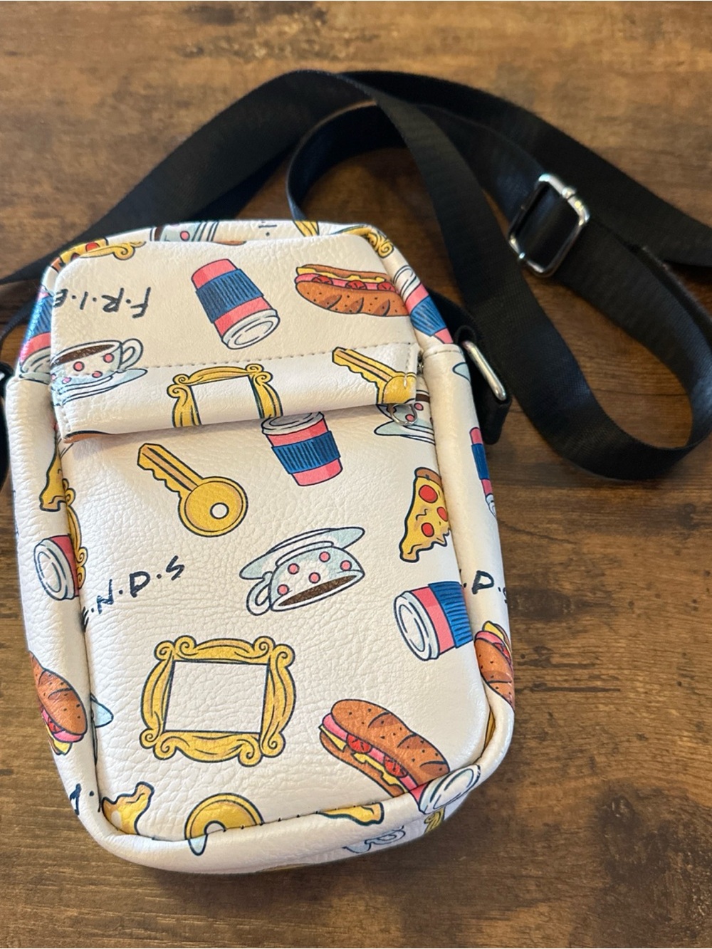 Buckle-Down Friends White Crossbody Pouch with Colorful Icon Print